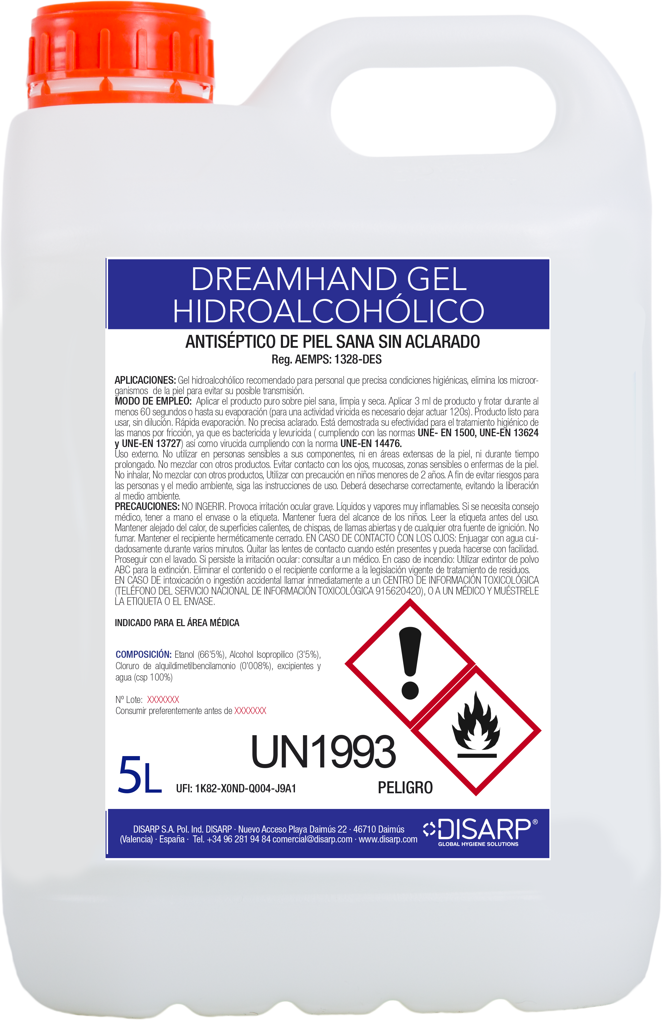 DREAMHAND GEL HIDROALCOHOLICO 5 L. DISARP (4 unidades)