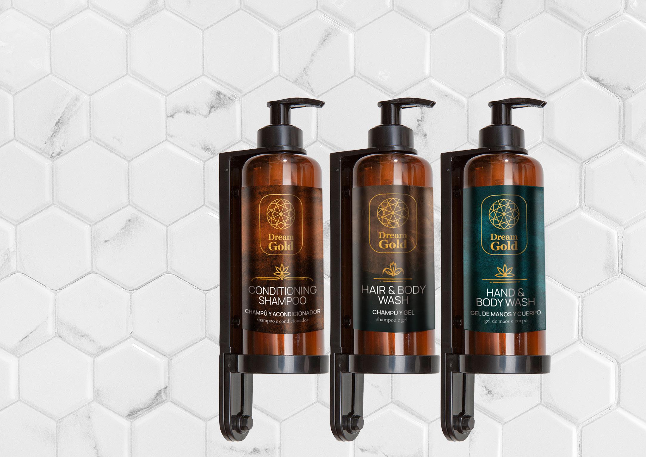 KIT COSMETICA (1 HAIR BODY WASH BOTELLA 300 ml + DOSIFICADOR / 1 CONDITIONING SHAMPOO BOTELLA 300 ml + DOSIFICADOR / HAND BODY WASH BOTELLA 300 ml + DOSIFICADOR / 1 SOPORTE PARED)